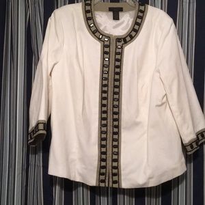 White jacket ,beige & black trim and black jewels